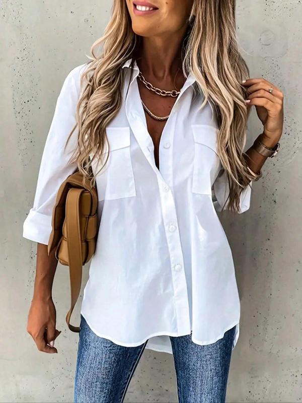 Women's Plain Button Front Pocket Shirt, Casual Drop Shoulder Long Sleeve Top for Spring & Fall, Ladies Clothes for Daily Wear