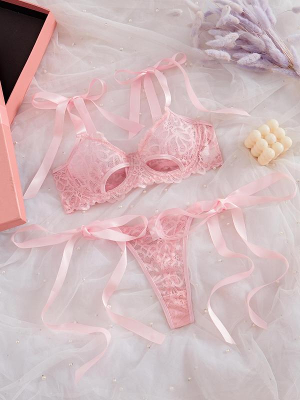 Women's Solid Lace Bra & Panty Two-Piece Set, Sexy Comfy Breathable Bra & Panty Set, Lingerie Set for Women