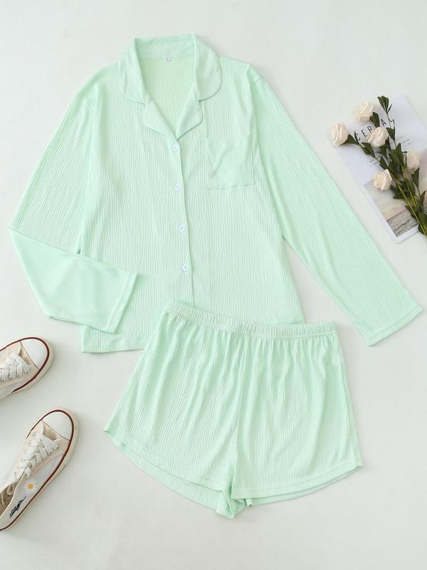 Two-Piece Set Women's Solid Button Front Pocket Lapel Shirt & Elastic Waist Shorts Pyjama, Casual Comfy Long Sleeve Top & Shorts PJ Set, Women's Sleepwear for Spring & Fall