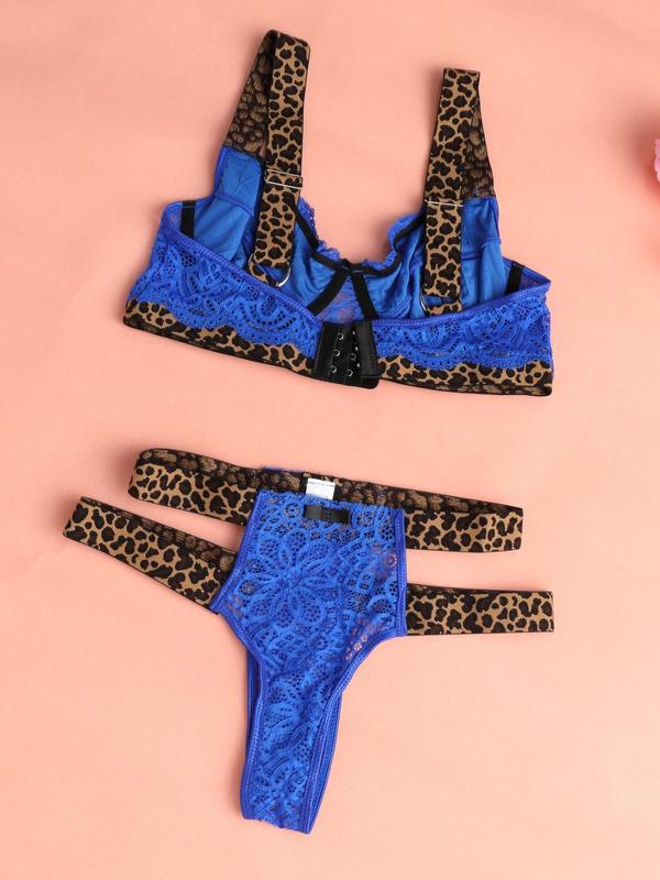 Women's Leopard Tape Contrast Lace Sexy Lingerie Set, Fashion Bow Decor Bra & Cut Out Thong Underwear Set, Lingerie Set for Women