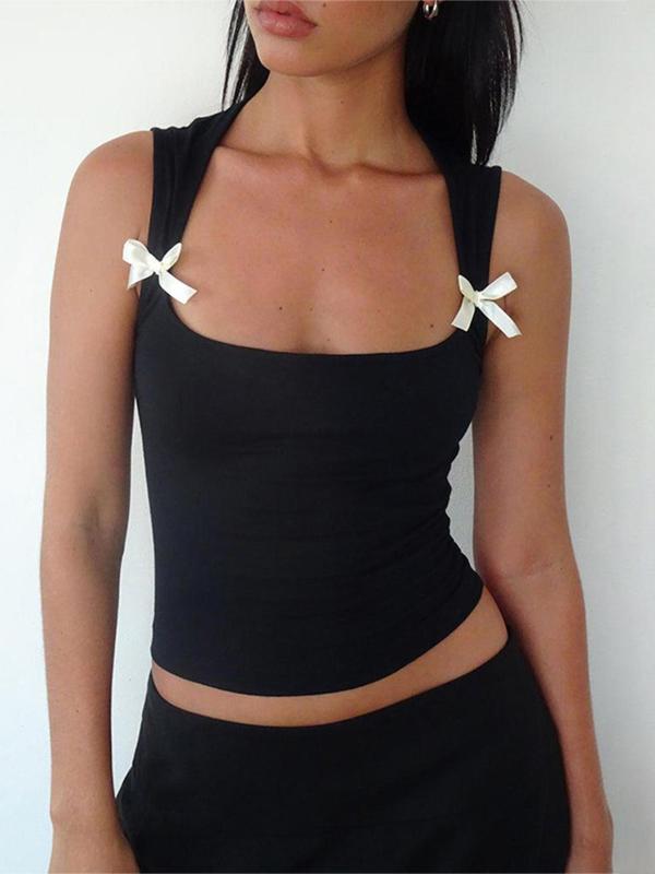 Women's Bow Decor Square Neck Crop Tank Top, Y2K Fashion Sleeveless Cropped Top for Summer, Fashion Women's Top for Daily Wear, 90s Clothes