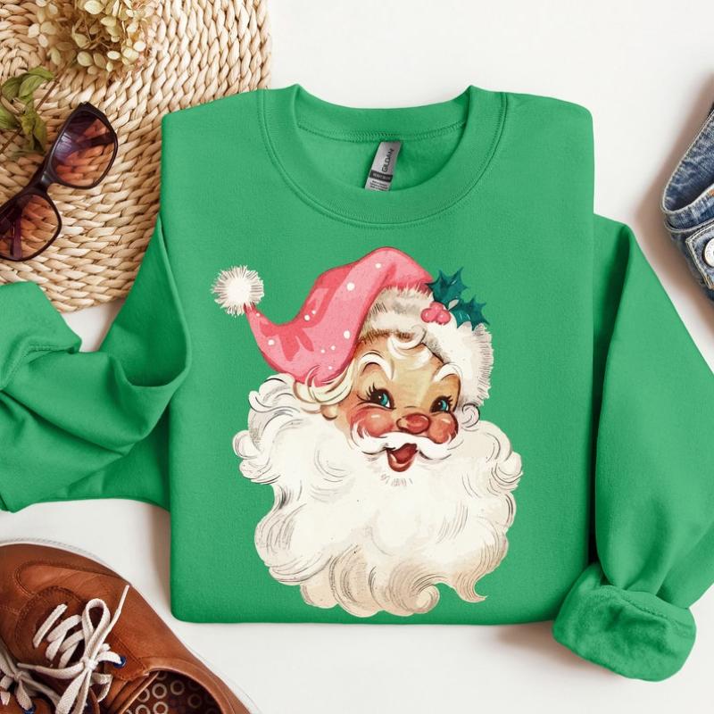 Pink Santa Retro Christmas T-Shirts Sweatshirts for Women Pink Christmas Matching Family Sweaters Pink Vintage Holiday Crewneck Group Party