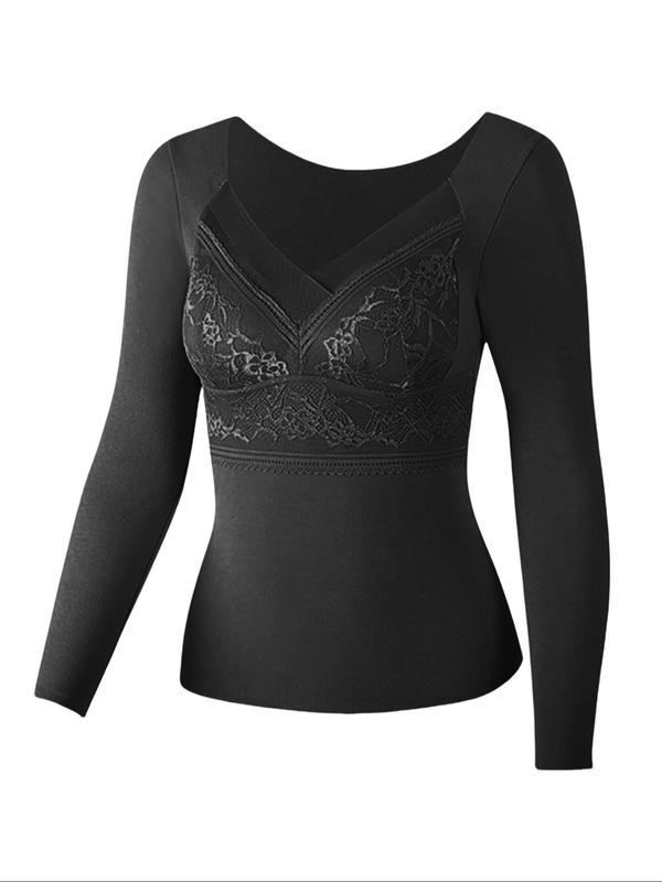 Women's Solid Color Contrast Lace Thermal Lined Underwear Top, Casual Comfy Warm Round Neck Long Sleeve Top for Fall & Winter, Women's Underwear for Daily Wear