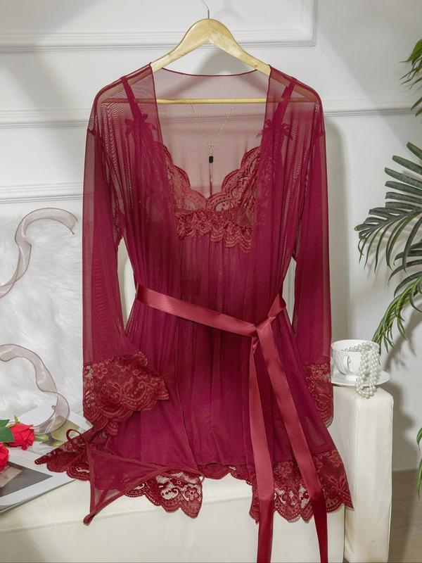 Women's Contrast Lace Bow Decor Cami Nightdress & Open Front Robe & Thong & Belt Sheer Mesh Set, Sexy Scallop Trim V Neck Nightgown & Long Sleeve Outerwear & Thong & Belt Set, Ladies Sleepwear Set