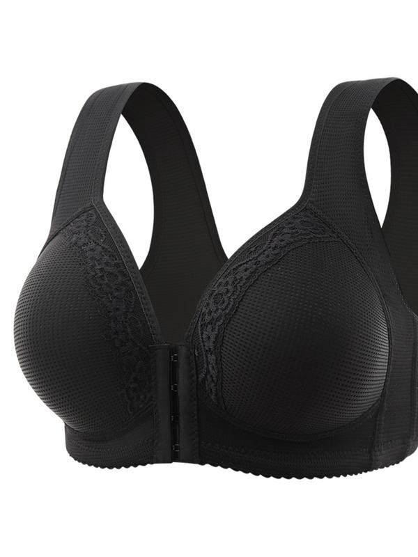 Women's Contrast Lace Hook & Eye Closure Front Push Up Bra, Breathable Comfortable Wireless Bra, Solid Color Lingerie for Daily Wear