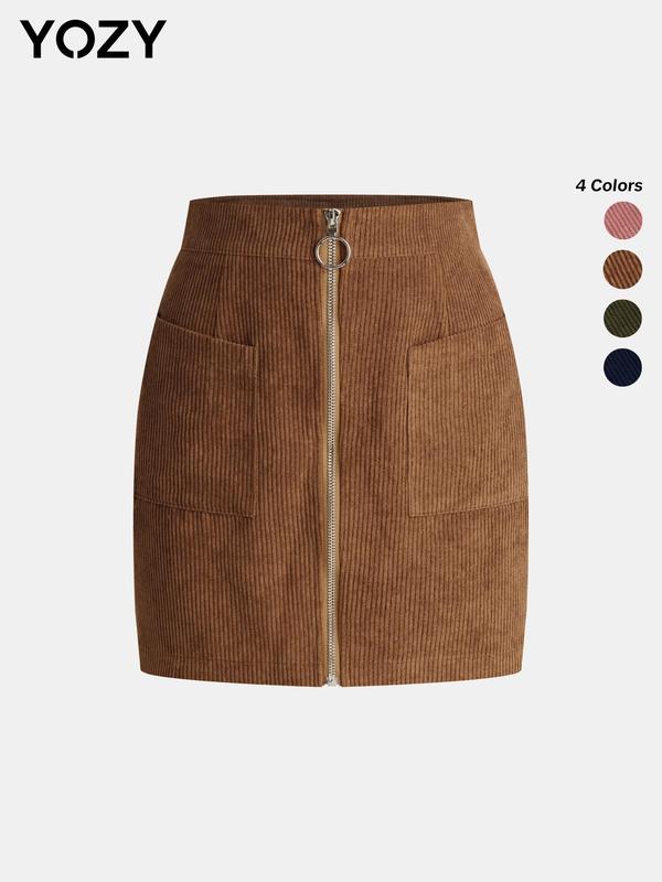 YOZY [4 colors] Zipper Pocket Ribbed Skirt  Casual Fashion Solid Short Skirt, Womenswear, 2024 Women's Daily Wear for All Season