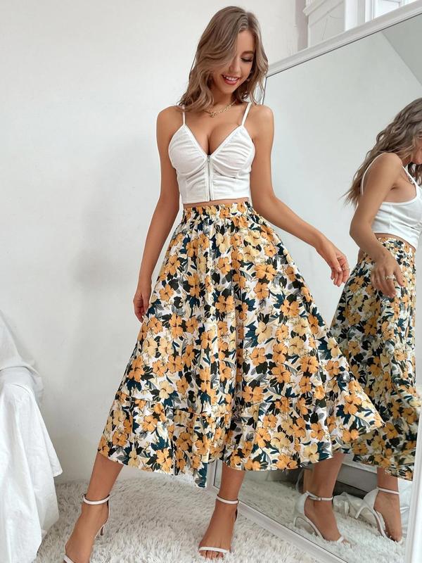 Women's Floral Print Ruffle Hem Vintage Midi Skirt, Boho Elastic Waist A Line Skirt, Summer Clothes Women, Midi Skirts Outfits, T, Skirts for Women, Ladies Bottoms for Daily Wear