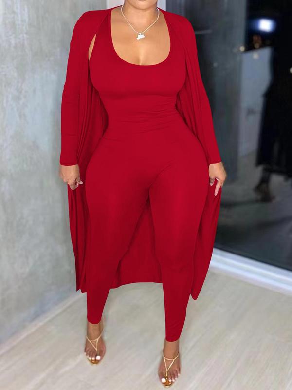 Two-piece Set Women's Solid Open Front Long Sleeve Longline Outwear  & Skinny Jumpsuit, Casual Fashion Cozy Outfits for Daily Outdoor Wear, Women Clothes for Fall & Winter