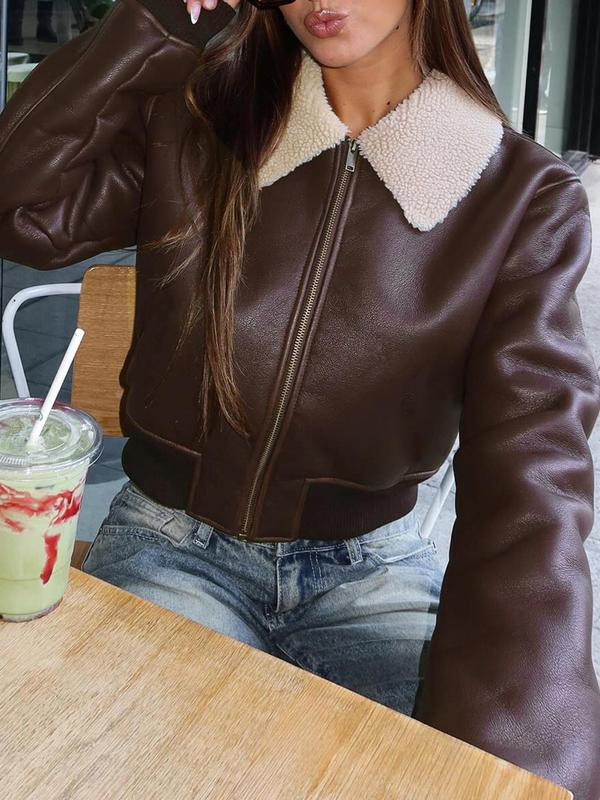 Women's Solid Color Collar Zip Up Faux Fur Jacket, Casual Long Sleeve Zip Front Outerwear for Spring & Fall, Ladies Clothes for Daily Wear