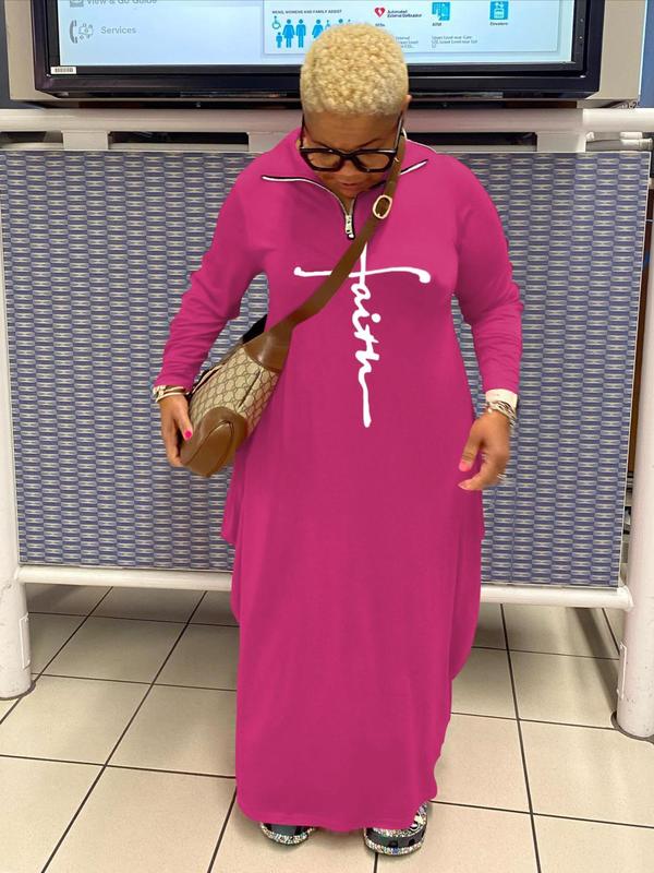  Letter Print Side Stripe Pocket Half Zip Tee Dress, Dresses for Women, Casual Long Sleeve Collared Maxi Dress for Spring & Fall, Plus Size Women's Clothing for Daily Wear, Plus Size Fall Outfits 2024, Fall Dresses