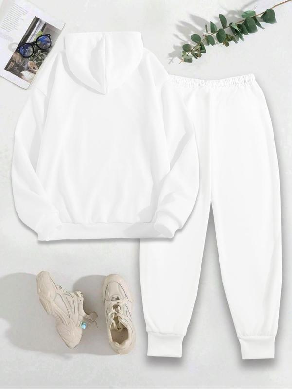 Women's Letter Print Pocket Drop Shoulder Hoodie & Drawstring Waist Sweatpants Two-piece Set, Casual Comfort Hoodie Cozy Breathable Two Piece Outfits for Daily Wear, Ladies Fall & Winter Clothes
