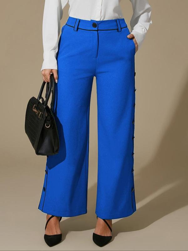 Women's Colorblock Button Wide Leg Pants, Casual Comfy High Waist Trousers for Daily Wear, Ladies Bottoms for All Seasons