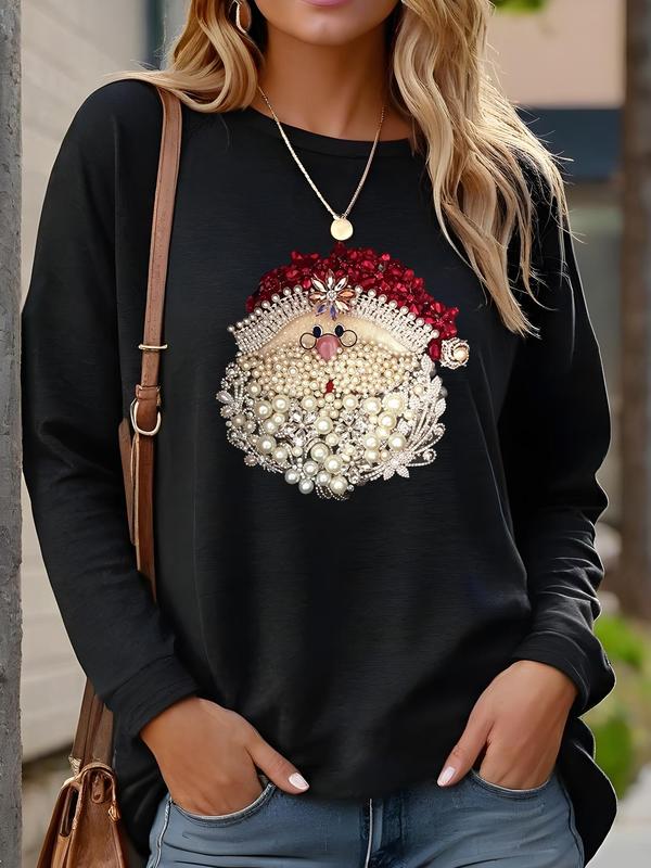 Women's Christmas Cartoon Santa Claus Print Round Neck Sweatshirt, Fashion Casual Long Sleeve Pullover for Daily Wear, Ladies Fall & Winter Clothes