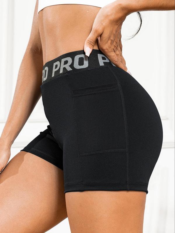 Women's Letter Tape Pocket Contrast Mesh Shorts, Casual Comfy Breathable High Stretch Quick Drying Shorts for Summer, Ladies Bottoms for Daily Wear