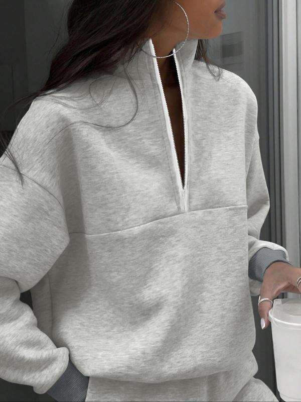 Women's Solid Drop Shoulder Zip Up Sweatshirt & Pocket Elastic Waist Pants Two-piece Set, Casual Fashion Cozy Breathable Two Piece Outfits for Daily Outdoor Wear, Women Clothes for Fall & Winter