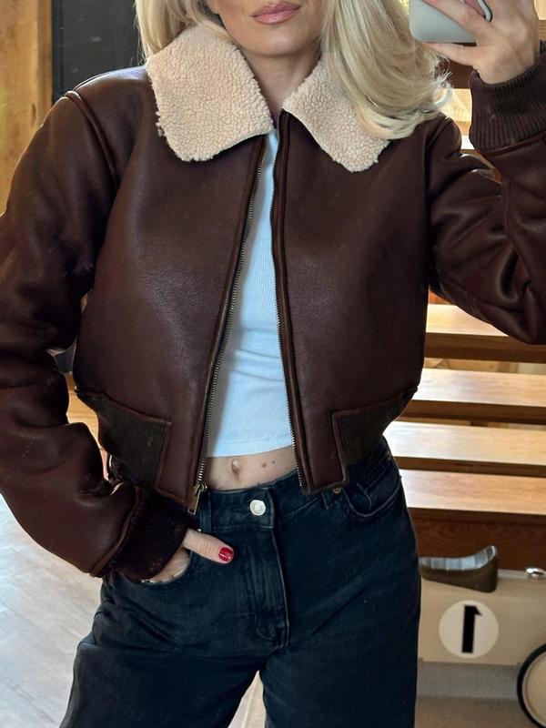 Women's Solid Color Collar Zip Up Faux Fur Jacket, Casual Long Sleeve Zip Front Outerwear for Spring & Fall, Ladies Clothes for Daily Wear