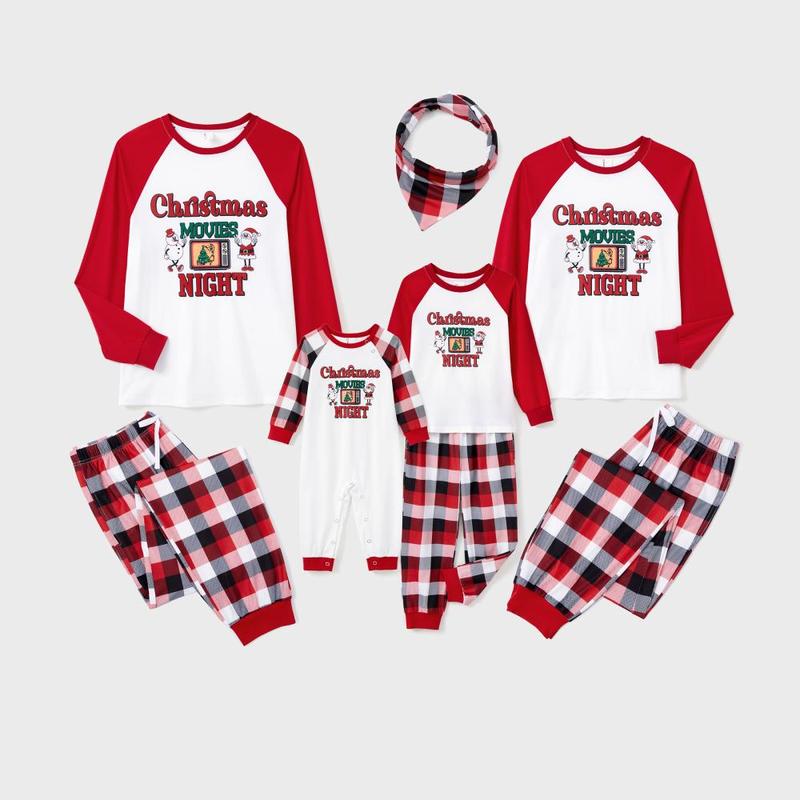 PatPat Christmas Movie Night Red Plaid Pajamas Raglan Sleeves Santa and Snowman Pattern