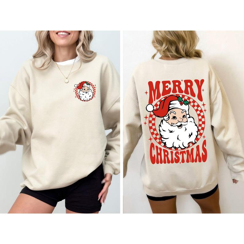 Retro Santa Checkered, Front and Back, Merry Christmas, Winter, Snow, Xmas Sweatshirt, Women's Crew Neck, Crewneck