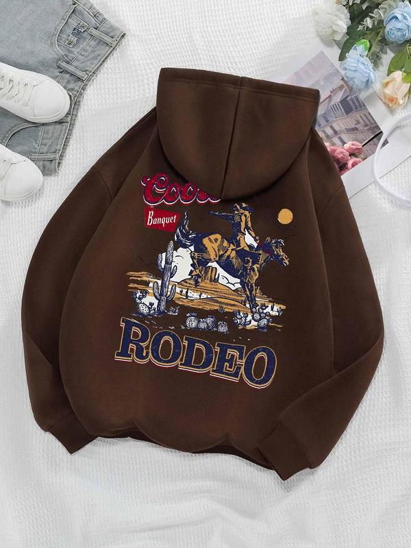 Women's Letter & Cowboy Print Drop Shoulder Hoodie, Western Style Drawstring Pocket Hooded Sweatshirt for Daily Holiday Outdoor Wear, Ladies Clothes for Fall & Winter Graphic Hoodie