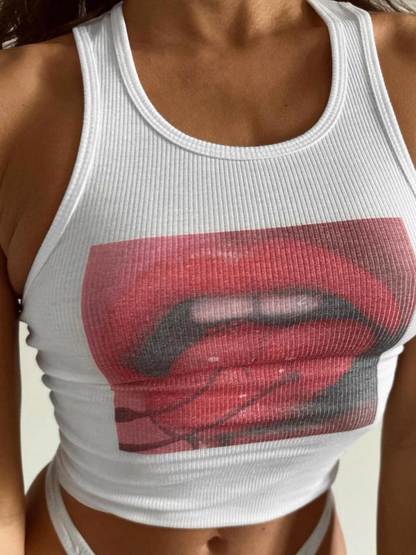Women's Cherry & Mouth Print Scoop Neck Tank Top, Casual Tight-fitting Sleeveless Top for Summer, Ladies Clothes for Daily Wear