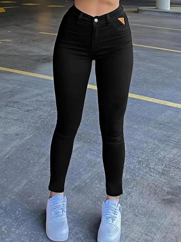 Women's Solid Color Pocket High Waist Pants, Casual Comfy Button Skinny Pants for Daily Wear, Ladies Bottoms for Fall & Winter