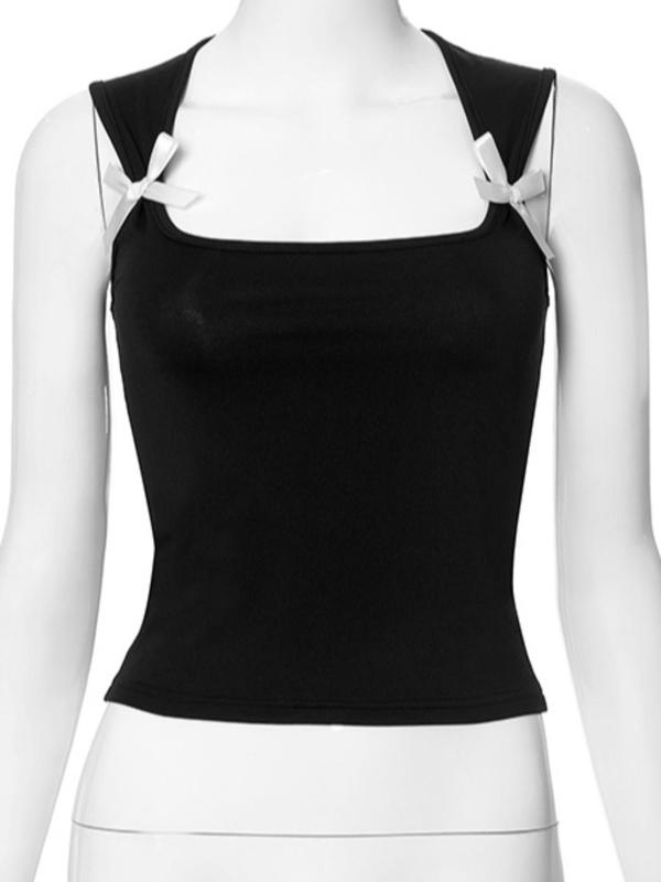 Women's Bow Decor Square Neck Crop Tank Top, Y2K Fashion Sleeveless Cropped Top for Summer, Fashion Women's Top for Daily Wear, 90s Clothes