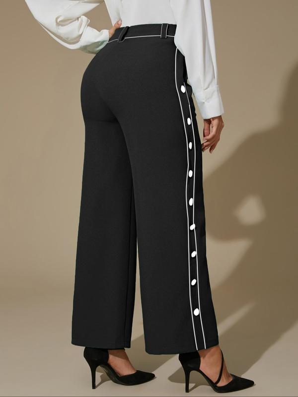 Women's Colorblock Button Wide Leg Pants, Casual Comfy High Waist Trousers for Daily Wear, Ladies Bottoms for All Seasons