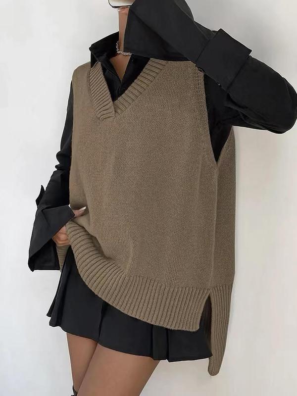 Women's Vintage Split Hem V Neck Sweater Vest Without Shirt, Casual Solid Asymmetrical Hem Jumper Vest For Fall, Women's Knit Top Western Clothing For Daily Wear, Black Friday Trends, Downtown Girl Clothes