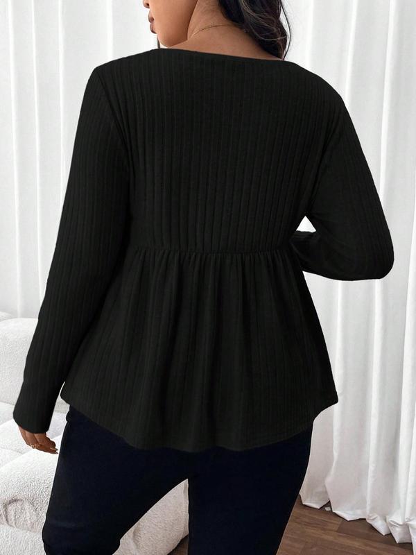  Solid Ruched Plicated Sweetheart Neck Tee, Casual Long Sleeve T-shirt for Fall & Winter, Women's Clothing for Daily Wear