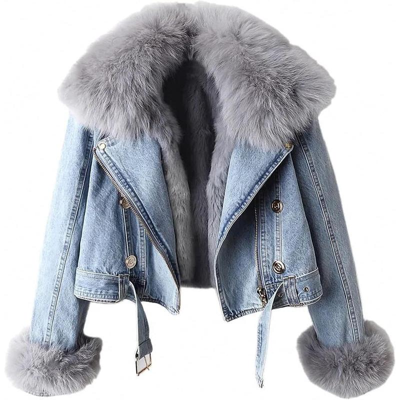 Women Denim Jacket with Fur Warm Fur Collar Rabbit Fur Lined Denim Jacket Thicken Shaggy Winter Removable Cropped Top