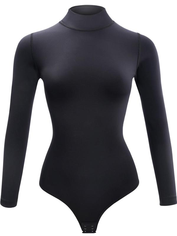 Women's Plain Mock Neck Long Sleeve Shapewear Bodysuit, Casual Comfy High Stretch Fajas Shapewear Clothing for Daily Wear, Women's Shapewear for Spring & Fall