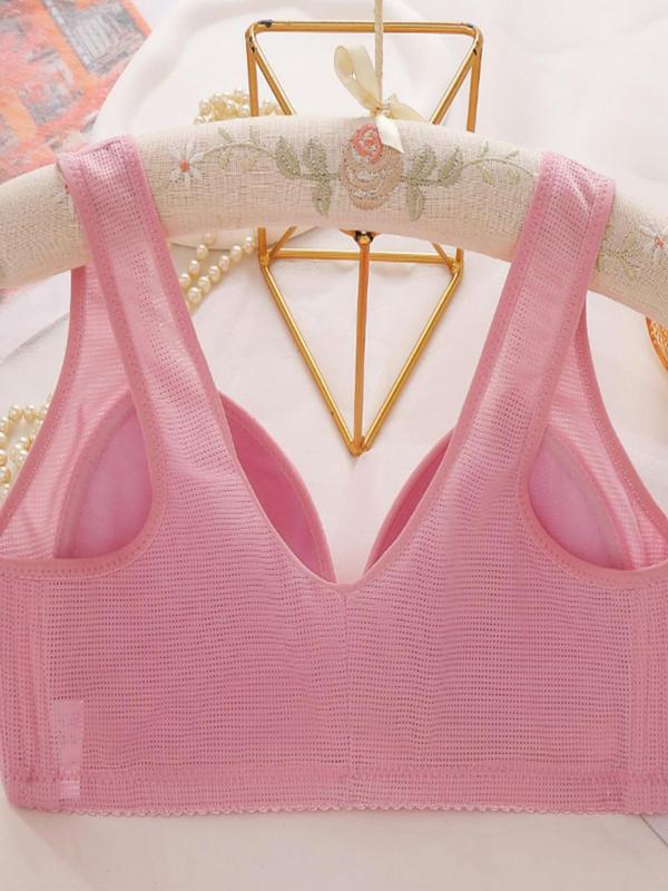 Women's Contrast Lace Hook & Eye Closure Front Push Up Bra, Breathable Comfortable Wireless Bra, Solid Color Lingerie for Daily Wear