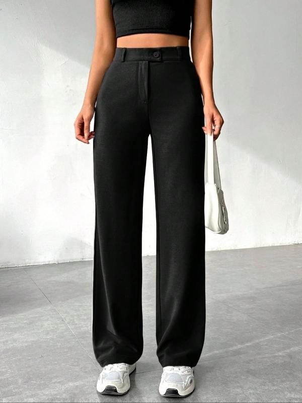 Women's Solid Button Fly Straight Leg Pants, Casual Comfy Trousers for Daily Wear, Ladies Bottoms for All Seasons