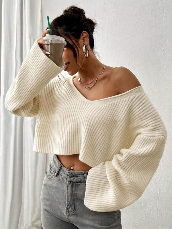 Women's Solid Color Drop Shoulder V Neck Crop Sweater, Casual Long Sleeve Jumper for Fall & Winter, Women's Knitwear for Daily Wear, Fall Clothes 2024
