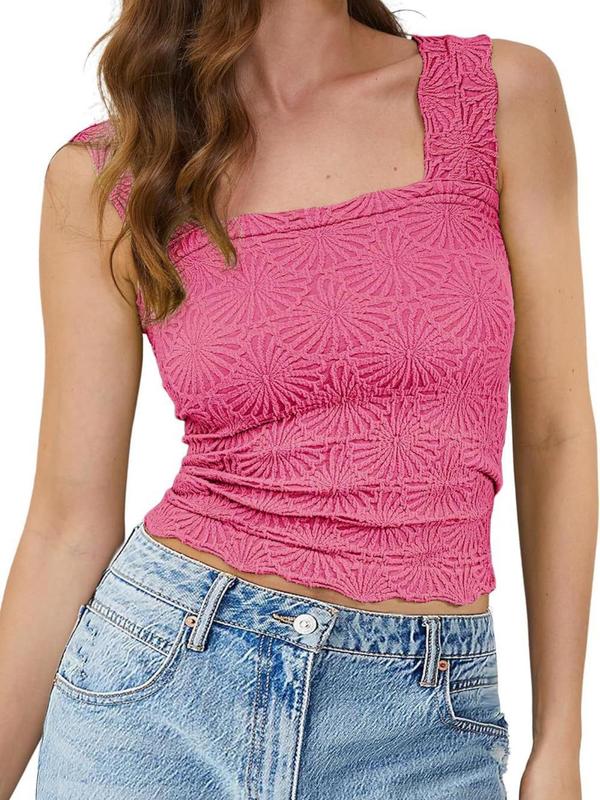 Women's Plain Textured Scallop Trim Crop Tank Top, Casual Sleeveless Cropped Top for Summer, Back To School Outfits, Tank Tops for Women, Fashion Women's Top for Daily Wear