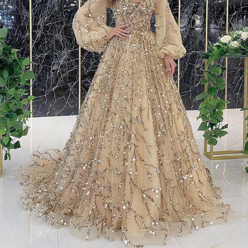 2024 Cross-Border New Arrival Gold Heavy Industry Beads Luxury Evening Dress Sexy Socialite Aura Queen Long Dress Ls7109 Formal Womenswear