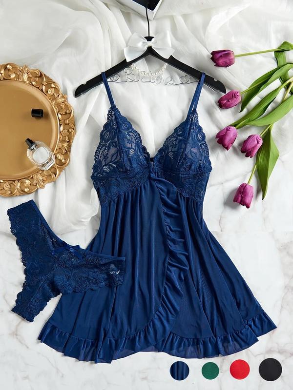 Women's Plain Floral Lace Cut Out Backless Mesh Cami Nightdress & Bow Decor Thong Sexy Sleepwear Loungewear Set, Elegant Sexy Adjustable Spaghetti Strap Wrap Ruffle Hem Nighty Dress & Panty Set, Women's Sexy Sleepwear Set for Women