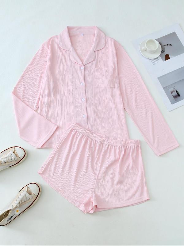 Two-Piece Set Women's Solid Button Front Pocket Lapel Shirt & Elastic Waist Shorts Pyjama, Casual Comfy Long Sleeve Top & Shorts PJ Set, Women's Sleepwear for Spring & Fall