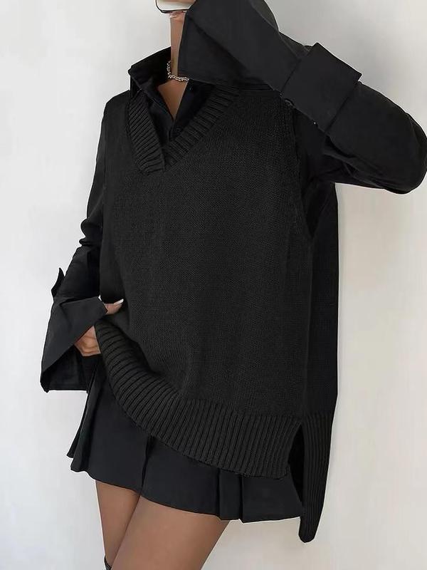 Women's Vintage Split Hem V Neck Sweater Vest Without Shirt, Casual Solid Asymmetrical Hem Jumper Vest For Fall, Women's Knit Top Western Clothing For Daily Wear, Black Friday Trends, Downtown Girl Clothes