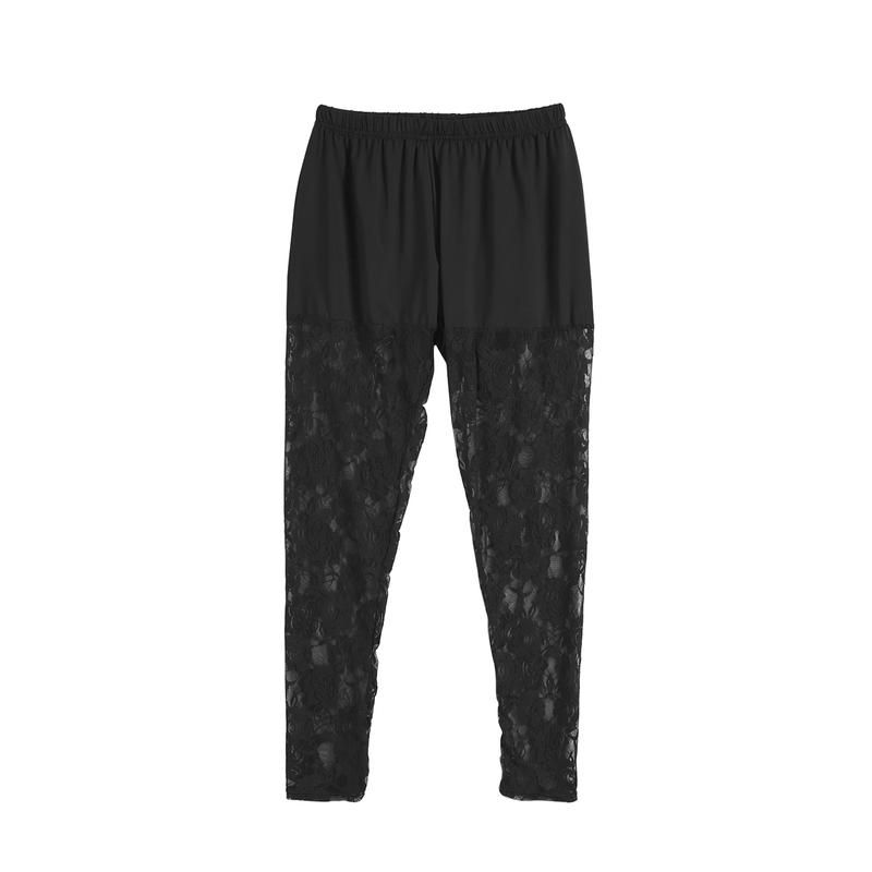 Women Mesh Hollow Lace Insert Sheer Leggings Mid Elastic Waist Pencil Pants Cutout Tights Plus Size L-4XL