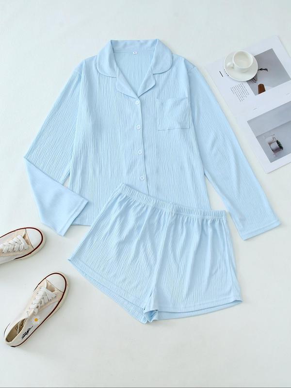 Two-Piece Set Women's Solid Button Front Pocket Lapel Shirt & Elastic Waist Shorts Pyjama, Casual Comfy Long Sleeve Top & Shorts PJ Set, Women's Sleepwear for Spring & Fall