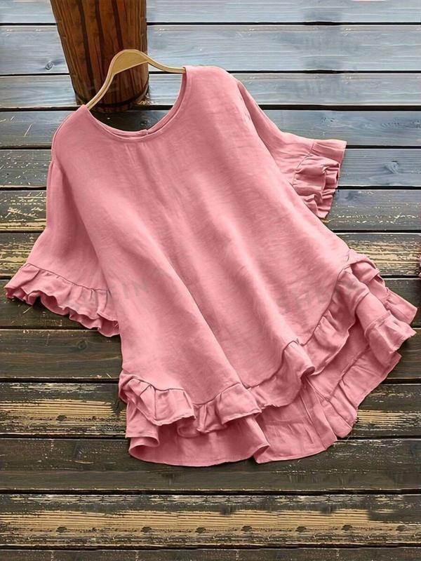  Plain Ruffle High Low Hem Blouse, Summer Outfits, Casual Round Neck Half Sleeve Top for Summer, Summer Tops, Women's Clothes for Daily Wear, Peplum Top