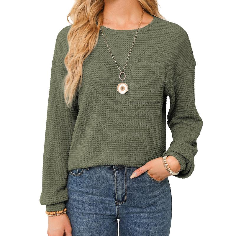 Dokotoo Womens Tops 2024 Long Sleeve Crewneck Waffle Knit Shirts Business Casual Blouses Basic Shirts