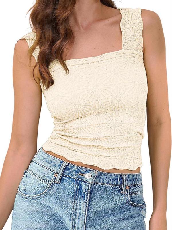 Women's Plain Textured Scallop Trim Crop Tank Top, Casual Sleeveless Cropped Top for Summer, Back To School Outfits, Tank Tops for Women, Fashion Women's Top for Daily Wear