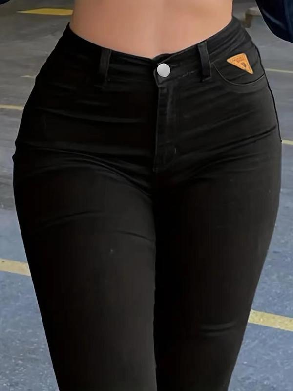 Women's Solid Color Pocket High Waist Pants, Casual Comfy Button Skinny Pants for Daily Wear, Ladies Bottoms for Fall & Winter