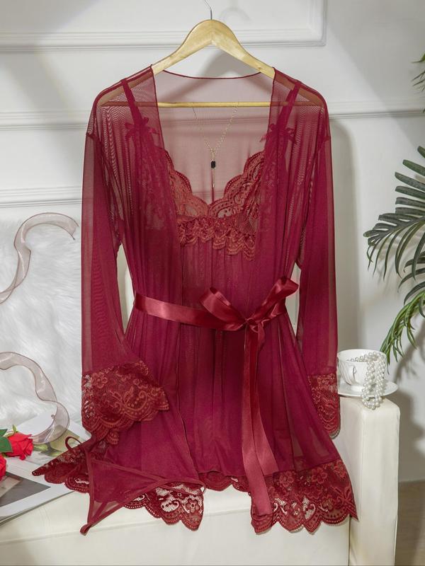 Women's Contrast Lace Bow Decor Cami Nightdress & Open Front Robe & Thong & Belt Sheer Mesh Set, Sexy Scallop Trim V Neck Nightgown & Long Sleeve Outerwear & Thong & Belt Set, Ladies Sleepwear Set