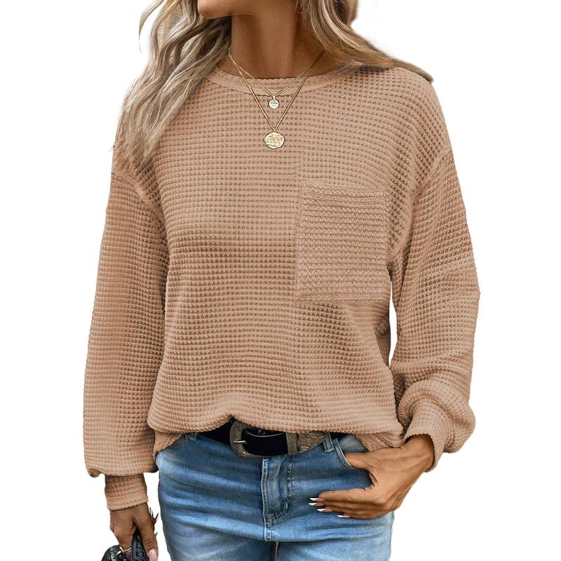 Dokotoo Womens Tops 2024 Long Sleeve Crewneck Waffle Knit Shirts Business Casual Blouses Basic Shirts