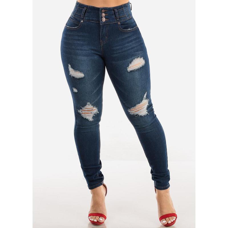 Butt Lift High Waist Ripped Skinny Jeans Med Blue