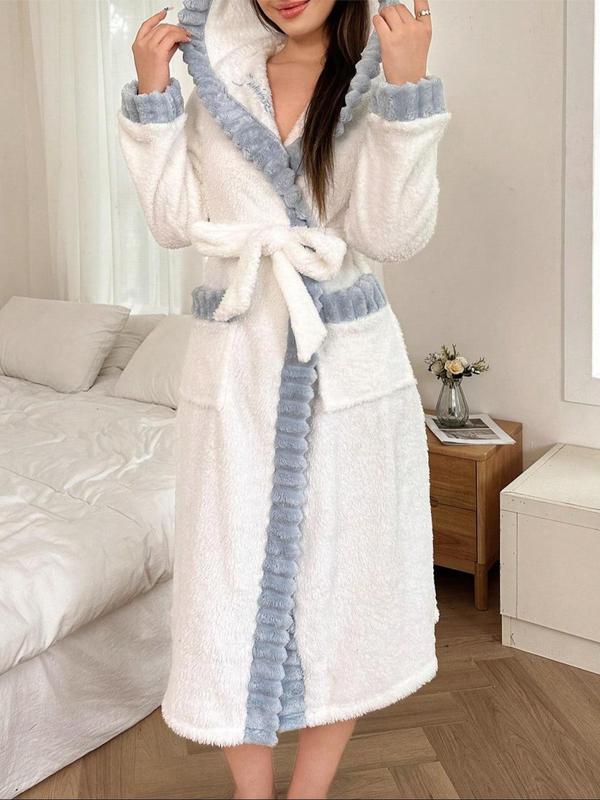 Women's Contrast Binding Belted Robe, Casual Drop Shoulder Long Sleeve Robe, Women's Sleepwear for Fall & Winter