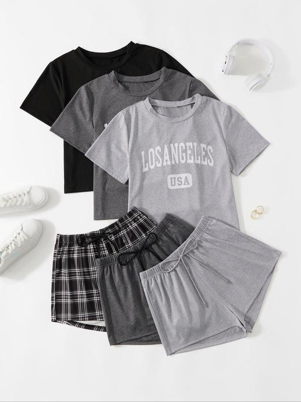 6 Counts Women's Pyjama Set, Letter Print Tee & 3 Counts Elastic Waist Shorts PJ Set, Back To School Wear, Summer Clothes, Casual Soft Comfortable Round Neck Short Sleeve T-shirt & Tie Front Shorts Lounge Set, Summer Sleepwear Set for Women